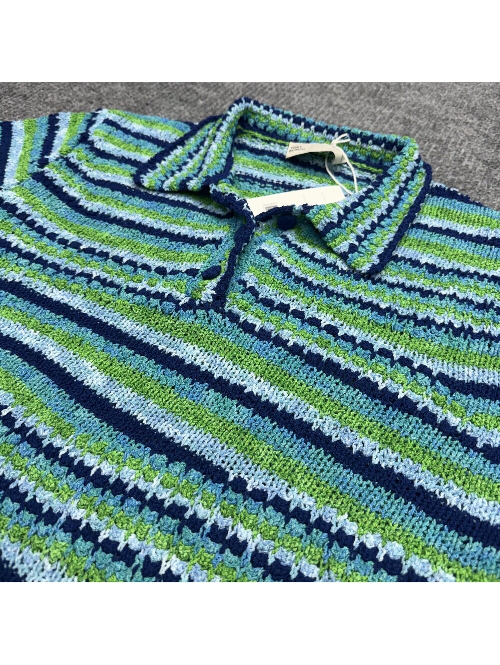 NWT Tory Burch Thick Knit Textured Polo Shirt Womens XL Ocean Blue Green Striped